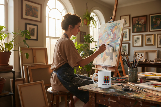 Artist woman with mug mockup
